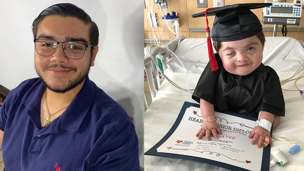 to the left smiling teenager Mark, to the right baby Tad graduating from cardiac intensive care