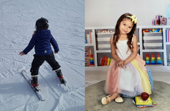 a la izquierda, Gianna esquiando en la nieve, a la derecha, Gianna luciendo un vestido.