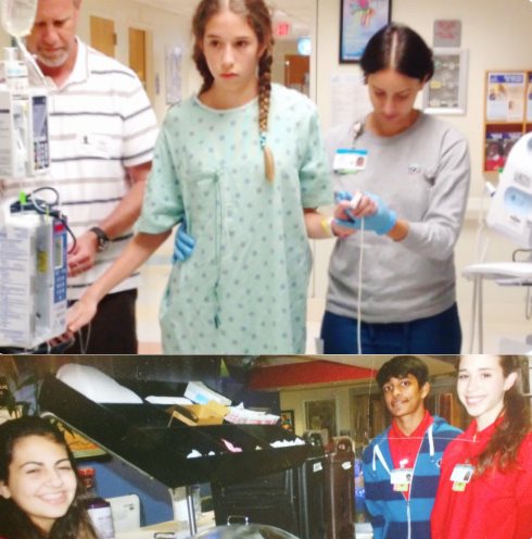 Foto de arriba muestra a Kimberly en el hospital, abajo como voluntaria en el hospital.